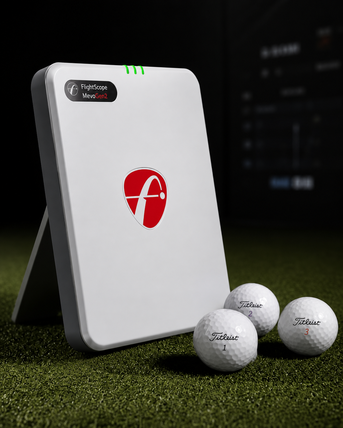 FlightScope Mevo+ launch monitor with Titleist golf balls on turf